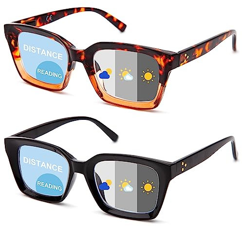 Amorays 2 Pack Fotocromatici Occhiali da Lettura da Sole Oversize Square Frame con Blocco Della Luce Blu per Donna Uomo BSSG6561(Nero+Tartaruga,+3.00)