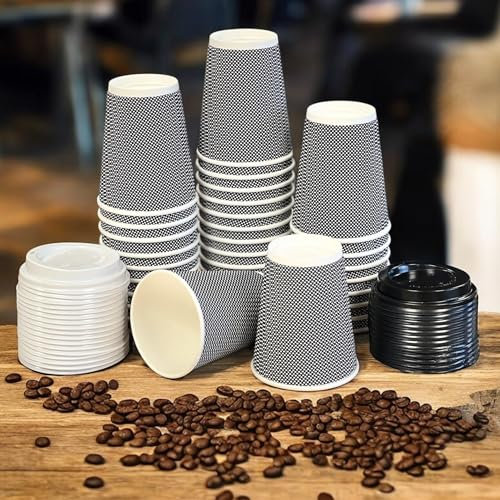 HOT BARGAINS 8oz Disposable Coffee Cups with Lids, 50 Pack, Black & White, Ripple Paper, Recyclable Takeaway Cups for Hot and Cold Drinks