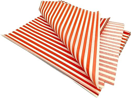 1000 x Red Striped Greaseproof Burger Wraps | Chips Basket Liner Oil Resistant Tray Liner | Sandwich Snacks Freshness Food Safe Food Wrapping Paper Sheets