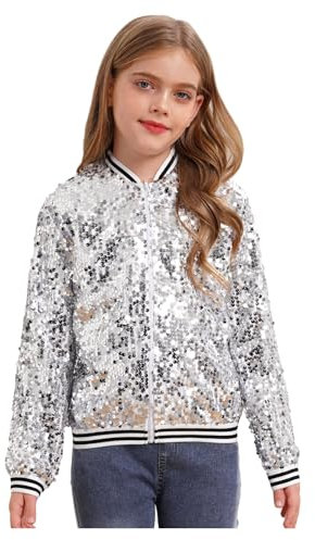 inhzoy Unisex Kinder Glänzende Pailletten Jacke Langarm Glitzer Bomberjacke Mit Reißverschluss Sport Freizeitjacke Streetdance Hip Hop Jacke Silber_A 146-152