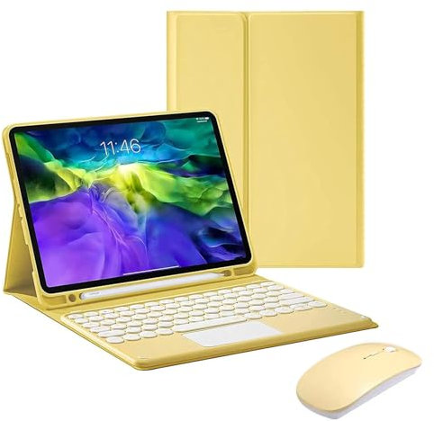 Custodia Tastiera con Bluetooth Mouse per iPad 10a Gen 2022 10,9 Pollici, QWERTY Tastiera Magnetica Staccabile Bluetooth con Touchpad, Cover con Portapenne A2696/A2757/A2777, Giallo con Touchpad
