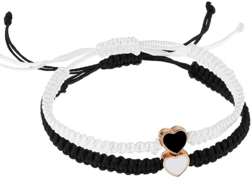 Mabor 2Pcs Heart Beaded Matching Bracelets, Black and White String Bracelet for Couples and Friendships Adjustable Couple Bracelets Armband Set for Friend Women Girls