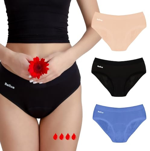 Relixa Periodenunterschwäsche starke Blutung perioden Unterhosen Damen und Mädchen Perioden Slip Damen Menstruationsunterwäsche period underwear, Hipster, 1 schwarz, 1 blau, 1 beige, L