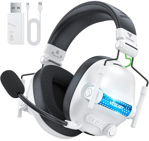 WESEARY Bluetooth Kopfhörer, 2,4G Wireless Gaming Headset mit Mikrofon für PS5, PS4, PC, Switch, Mac, Faltbarer Surround Sound Noise Cancelling mit LED Licht, Über 50 Stunden Akkulaufzeit