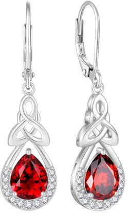 FJ Keltischer Knoten Ohrringe Damen 925 Sterling Silber Unendlichkeit Tropfen Hängend Granat Januar Geburtsstein Irischer Glücksschmuck Geschenke für Frauen
