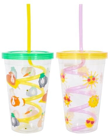 YöL Pack of 2 Kids Reusable Plastic Cups With Spiral Straw Guinea Pig Animal Sunshine Print Summer Party Picnic BBQ Tumblers Garden