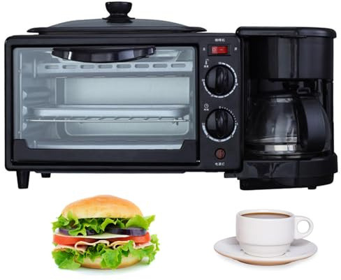 3 in 1 Breakfast Maker Station, Multifunction Breakfast Machine with 9L Toaster Electric Oven, 600ML Coffee Maker, Non-stick Frying Pan, Egg Sandwich Maker, 100℃-230℃ Temperature Control ( Color : Bla
