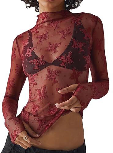 Springcmy Women Sexy Mock Turtle Neck Long/Short Sleeve Sheer Mesh Lace Floral See Through Going Out Layering Slim Fit Tops Streetwear