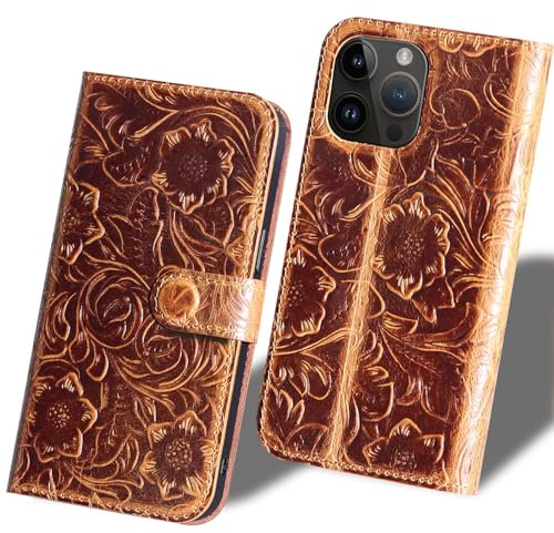 RMAWRAD Ramawrad Geldbörse Fall für iPhone 15 Pro Max Leder 6.7 Im Fall, Leder stoßdämpfende Fall, Flip Open Cover Kartenslo Gefaltet Standfunktiont, Dunkelbraun