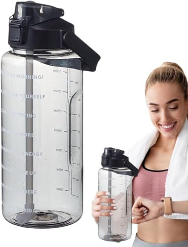 2L Gourde Sport Gourde avec Paille Et Marquage De L'heure Bouteille d'eau Motivantes pour Salle Sport en Plein Air Cadeau pour Les Amateurs De Fitness (Noir)