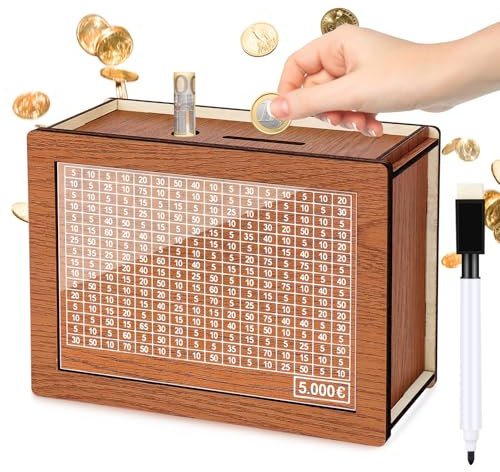 Kkluno Spardose 5000 Euro, Spardose mit Zähler, Holz Spardose, Wiederverwendbar Sparbox mit Zahlen Ankreuzen, Geeignet für Kinder und Erwachsene