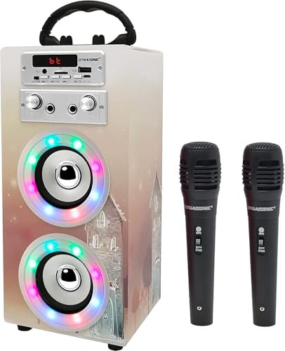 Machine à Karaoké Portable DYNASONIC avec 2 Micros, Enceinte Haut-Parleur Bluetooth, Designs Exclusifs, Lecteur USB/SD, Lumières, Cadeau pour Enfants (Modele 19)