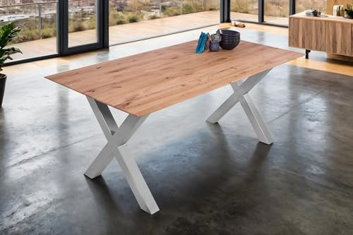 SAM Esstisch 180 x 90 cm Lotte, Eichenholz massiv & geölt, Esszimmertisch mit Schweizer Kante/gerade Ecken, X-Gestell aus Metall Silber, pflegeleichter Holztisch