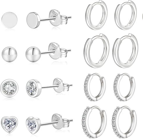 ABPBA 8paar Ohrringe Silber 925 Set für Damen Ohrstecker Silber 925 Hypoallergen Creolen Silber 925 Kleine mit Zirkonia kleine Schlaf-Ohrstecker für mehrere Piercings