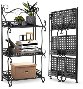 Warmiehomy 3 Tier Metal Storage Shelves Foldable Kitchen Storage Unit Shelving Units for Storage, Space Saving Folding Shelves Plant Stand Pan Rack Corner Unit for Kitchen Garden Patio