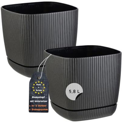 Engelland - 2 x Blumentopf mit Drainagesystem, Untersetzer, Farbe: Schwarz, Rillenoptik, Pflanz-Topf, Kübel, modern, Kunststoff, quadratisch, 21 x 21 cm, 5,8 Liter