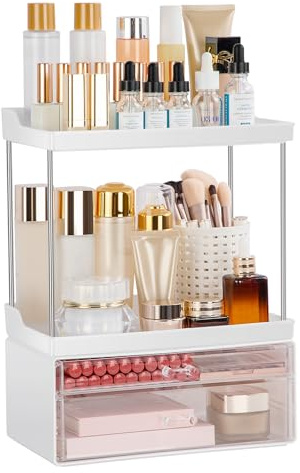 FoiiLiio Make up Organizer 4 Ebenen, Kosmetik Organizer mit Schubladen, Extra Größer Verbessert Multifunktion Schminktisch Organizer Aufbewahrung, Acrylic Organiser for Dresser, Bathroom - Weiß