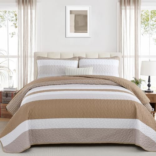 WONGS BEDDING Tagesdecke 240x260 Khaki Bettüberwurf Schlieren Decke Steppdecke 3 teilig Doppelbett Gesteppt Bettdecke Mikrofaser Wohndecke mit 2 Kissenbezug 50x75 für Schlafzimmer Sofaüberwurf