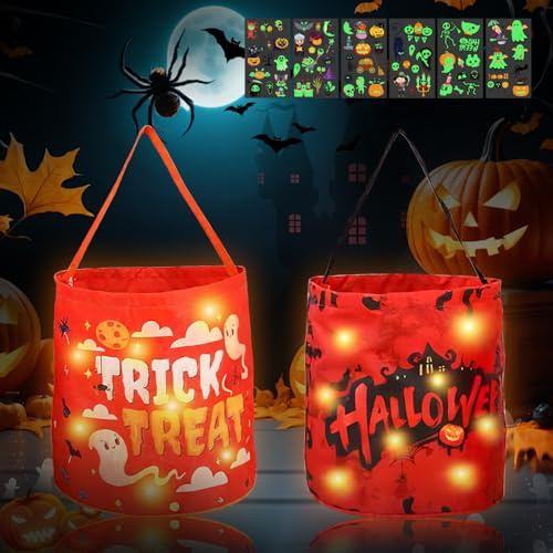 HuaMuDM 2 Stück Halloween Süßigkeiten Tasche,Halloween Eimer LED, Kürbis Candy Tüten, 6 Stück Leuchtende Aufkleber,Leuchtend Süßigkeiten Tasche,Geschenktasche,für Kinder Party