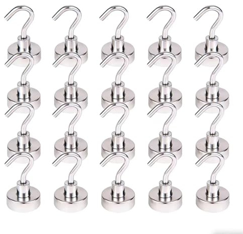 SZAXCCOM 20 Piezas Ganchos Magnéticos 20mm Imanes Neodimio con Gancho Giratorio Sin Perforación para Crucero Resistente Refrigerador Microondas Artículos Colgantes Plateado
