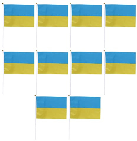 ANGGREK Kleine Ukraine-Fahnen Mini Ukraine Handheld-Fahnen 10er Pack Polyester Verblassungsbeständig Leicht 11,0-11,8x7,9 Zoll mit Fahnenstangen für Sportveranstaltungen Festivals