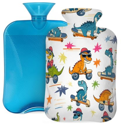 Entemne 2L Hot Water Bottle Funny Dinosaurs Skateboard Hot Water Bag with Cover Reusable Therapy Bag for Pain Relief Menstrual Cramps, Muscle Soreness Winter Warmth Gift