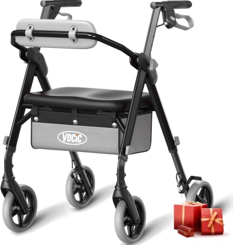 VOCIC Z11 Rollator Walker with Seat, Max 172kg Walker for Seniors, Foldable | 8.5kg X-Way Lightweight Rollator Walkers with Ergo Seat & Backrest, Brakes, Adjustable Height, All Terrain Wheels,Black