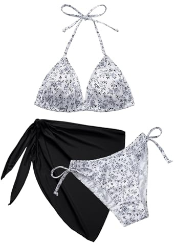 Vijamiy Bikini Damen Set 3 Teiliger Triangel Bikinis Push Up Neckholder Sexy Push Up V Ausschnitt Bademode mit Rock Swimsuit Set