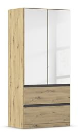 Rauch Möbel Costa, Kleiderschrank, Farbe Eiche Artisan, Breite 91 cm | Schrank, 2-türig, Spiegel, 2 Schubladen, Push-to-open, Zubehör Premium, für Schlafzimmer, Kinderzimmer, Babyzimmer, Garderobe