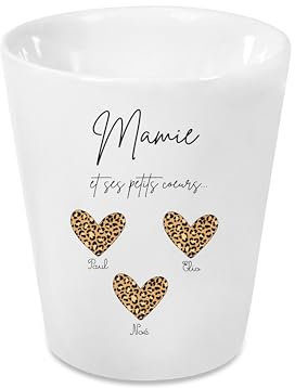 Générique Cache-Pot Mamie Personnalisé – Mamie et Ses Petits Cœurs – Cadeau Fête des Mamies – Prénoms Petits-Enfants – Pot de Fleur en Céramique avec Trou de Drainage