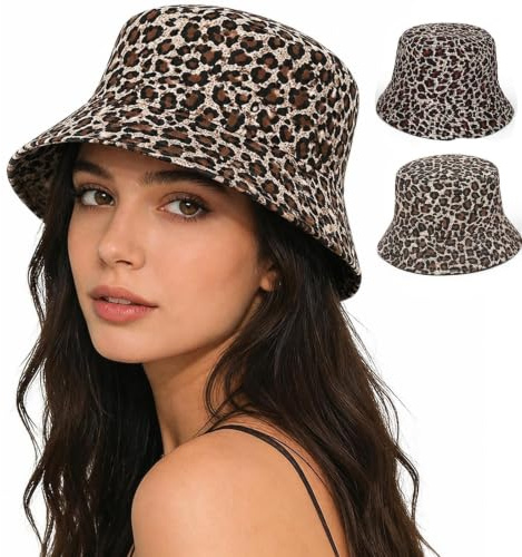2 Stück Bucket Hat Fischerhut Damen, Leopardenmuster Fischerhut, Faltbarer Bucket Hat Anglerhut mit Sonnenschutz für Sommer, Vielseitiger Freizeithut für Outdoor-Aktivitäten, Urlaub, Wandern, Camping