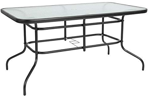 Flash Furniture Tory Table rectangulaire en Verre trempé avec Trou pour Parapluie, Dessus Transparent/Cadre Noir 80 x 140 cm