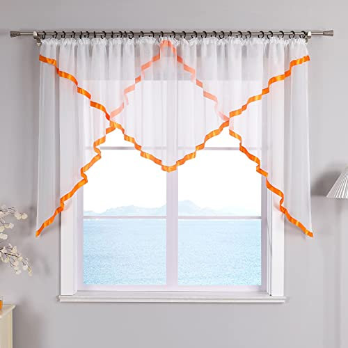 ESLIR Scheibengardine mit Kräuselband Gardinen Küche Bistrogardinen Transparent Stores Vorhänge Mit Satinband Voile Orange HxB 120x600cm 1 Stück