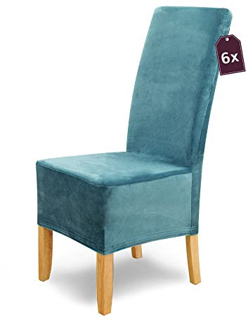 Scheffler Home Stuhlhussen Puma Velano Türkis 6er Set – Elastische waschbare Stuhlbezüge aus Samt für Esszimmerstühle und Polsterstühle – Edler Chenille Stuhlüberzug