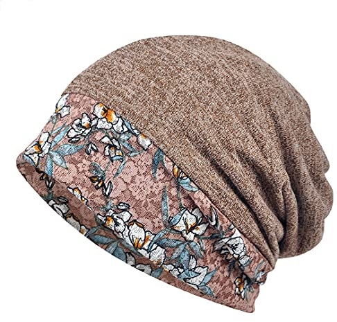 luchike Beanie Hat Dual Use Floral Slouchy Cotton Headwear Thin Stretch Baggy Sleep Caps für Damen Mädchen Khaki