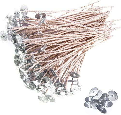 NRANSON 100 mechas de Vela de 15cm para Hacer Velas, mechas de algodón para Velas preenceradas con Cera de Soja Natural, 10 Bases metálicas Gratis, bajo Humo, aptas para Cera de Abejas y Cera de Soja
