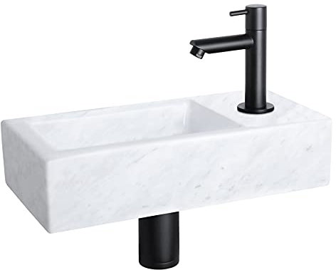 Differnz Helios Waschbecken - Waschtisch Weißer Marmor - Gerader Wasserhahn Matt Schwarz - Komplettset - 37,5 x 18,5 x 9 cm
