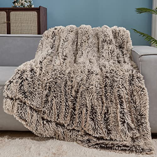 GONAAP Fuzzy Faux Fur Throw Blanket Twin Size Frosty Brown Super Soft Cozy Plush Fuzzy Shaggy Blanket for Couch Sofa Bed (Frosty Brown, Twin(60x80))