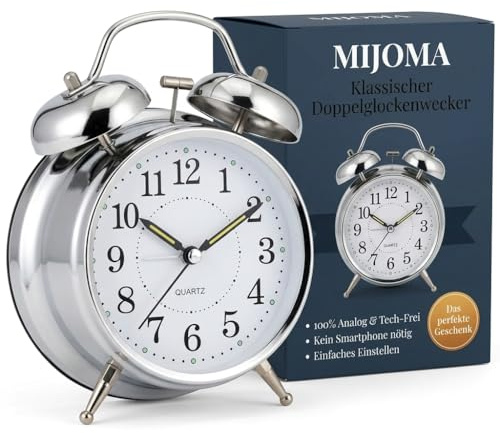 MIJOMA Retro Wecker analog Metall chromfarben Ø10x16cm – Tischuhr mit Doppelglocken, Nachtlicht, Quarz-Uhrwerk, Vintage Glockenwecker, batteriebetrieben