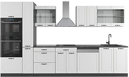 Vicco Küchenzeile R-Line, Weiß Landhaus/Anthrazit, 350 cm mit Hochschrank, ohne Arbeitsplatte