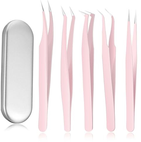 5 Stück Pinzette für Wimpernverlängerungen Wimpernpinzette Sets mit Box Wimpernverlängerung Volumen Pinzette Edelstahl Wimpernpinzette Wimpern gebogene Pinzette für falsche Wimpernanwendung (Rosa)