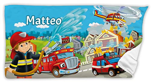 Kinder Badetuch Feuerwehr mit Name personalisiert 70 x 140 cm | Handtuch Strandtuch bedruckt individuelles Geschenk Kinder Ostern Taufe Schulanfang Geburt Weihnachten Geburtstag Kindergeburtstag