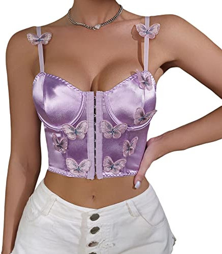 Naimo Top de satén para mujer, diseño de mariposa, tirantes finos, estilo vintage, parte superior, Mariposa lila., S