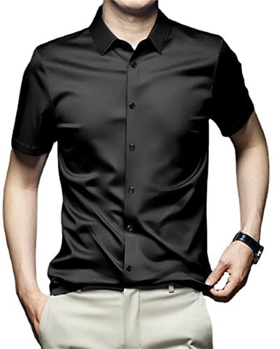 MAOAEAD Camisas para Hombre, sin Planchado Ajustadas elásticas de Manga Corta para Negocios Verano Seda Resistentes Arrugas Camisas Formales (41/XL,Black D-3)