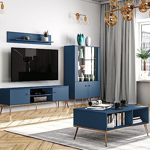 Wohnwand Wohnzimmermöbel dunkelblau 4-teilig Modern, 1 Highboard, 1 Lowboard, 1 Couchtisch, 1 Wandboard inkl. LED-Beleuchtung