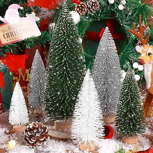 Mini-Weihnachtsbäume, Dekoration, kleine Flaschenbürste, künstlicher Tisch-Weihnachtsbaum für drinnen und draußen, Zuhause, Zimmer-Party (grün, silber, weiß), 6 Stück