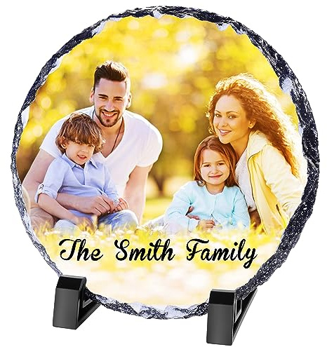 WACAR Personalised Slate Photo Round Rock Slate Picture Personalised Photo Gift for Her Him Custom Memorial Gifts for Birthday Anniversary Christmas Wedding Mothers Day, 20cm