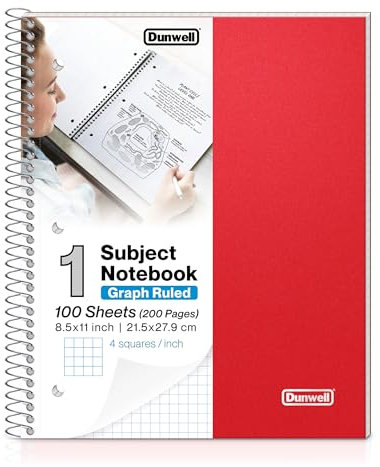 Dunwell Graph Paper Notebook - Red Plastic Cover, 100 Sheets 8.5x11, 1/10.2 cm Square Grid Notebook, Graph Paper Spiral Notebook, Poly Pockets, Grid Paper Notebook Graphing Paper Notebook, Math