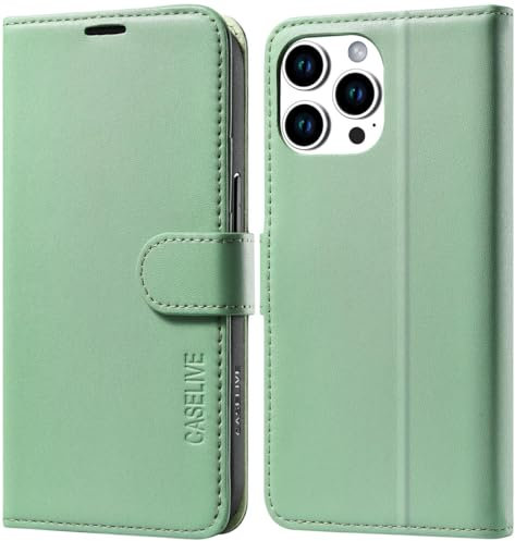 CASELIVE Wallet Case for iPhone 15 Pro, Genuine Leather Case with [Card Holder] [Screen Protector] [RFID Blocking][Shockproof TPU Inner Shell] Kickstand Foli Cover for iPhone 15 Pro 6.1''(Light Green)