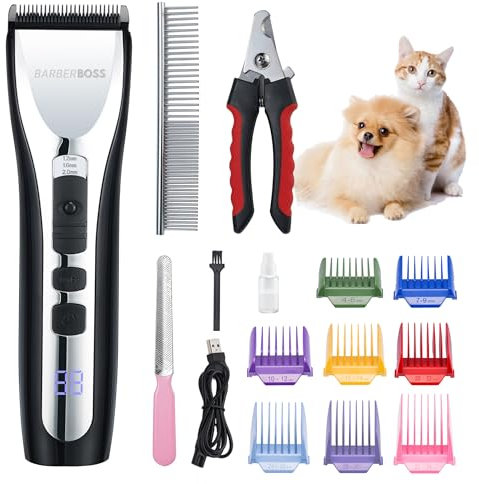 BarberBoss Tagliacane professionale per peli spessi, kit di toelettatura per cani, tagliacapelli a batteria per cani, tagliacapelli per gatti per peli opachi QR-9086